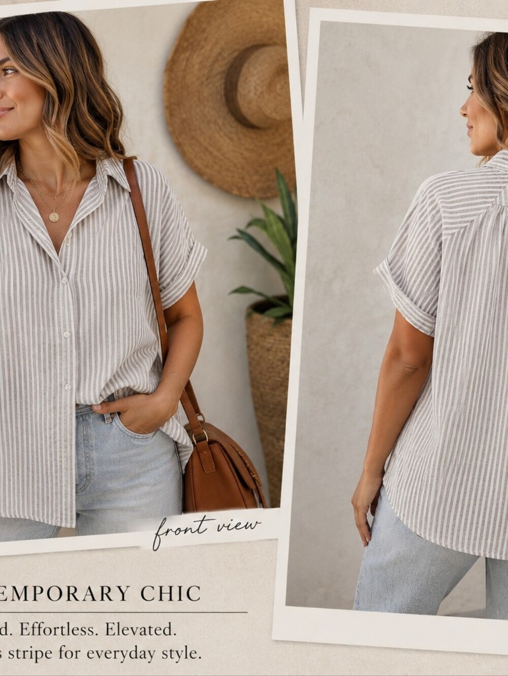 Max Studio Beige & White Striped Roll Sleeve Blouse – Women’s XLRelaxed contemp